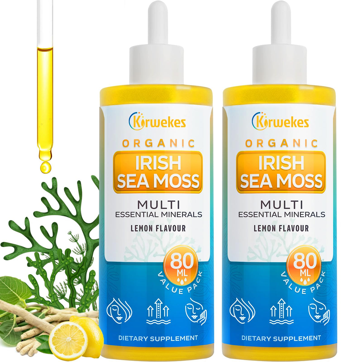 Kirwekes Sea Moss Drops lemon bottle for daily energy and mood support.