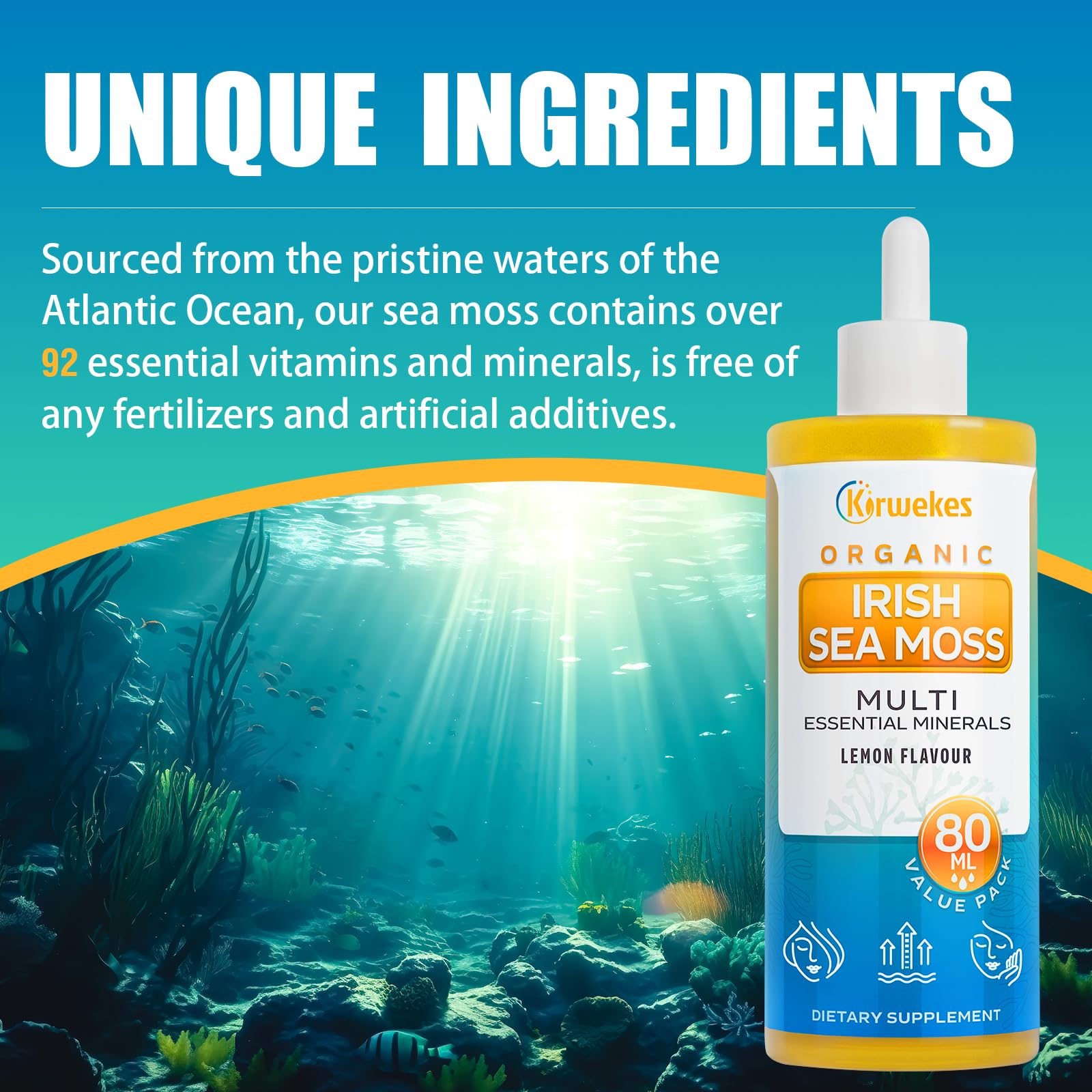 Kirwekes Sea Moss Drops nutrition label close-up shows clean ingredients.