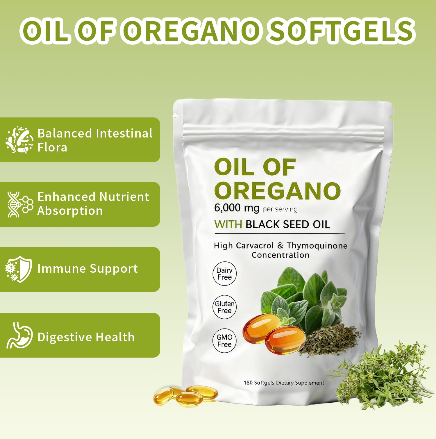 KITABIO Oil of Oregano Softgels packaging box featuring packaging details.