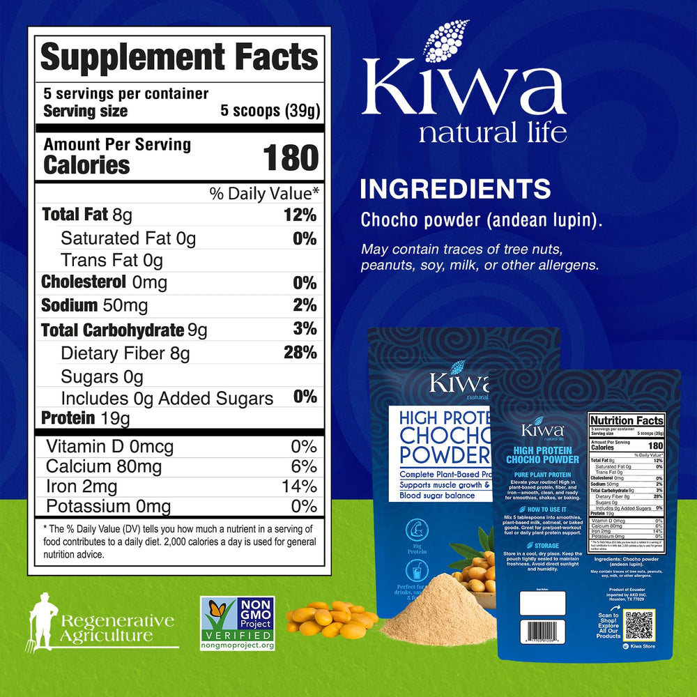 Kiwa Chocho powder bag back highlights pure ingredients and no additives.