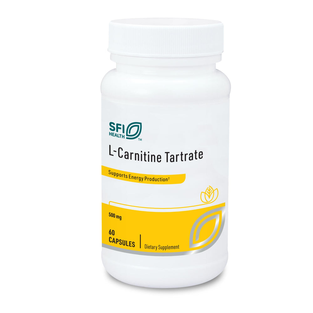 SFI Health Klaire L-Carnitine Tartrate bottle showing 500 mg capsules for stability
