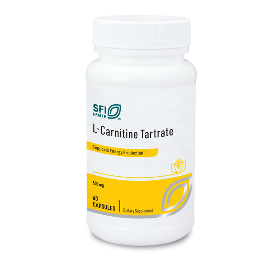 SFI Health Klaire L-Carnitine Tartrate bottle showing 500 mg capsules for stability