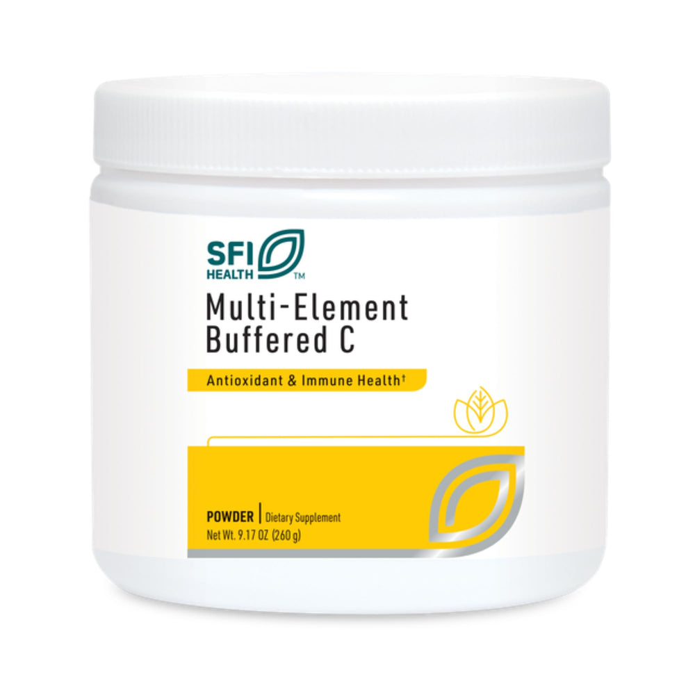 Klaire Labs Buffered C powder bottle demonstrates gentle on stomach vitamin C with minerals.