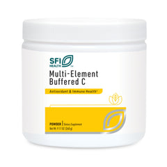 Klaire Labs Buffered C powder bottle demonstrates gentle on stomach vitamin C with minerals.
