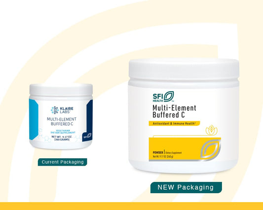Klaire Labs Buffered C powder label highlights hypoallergenic, allergen-free formula.