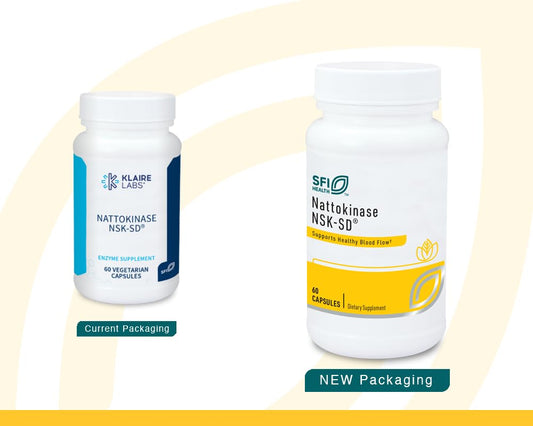 SFI Health Klaire Labs Nattokinase NSK-SD bottle back label with allergen info.