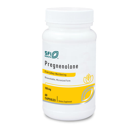 Klaire Labs Pregnenolone pill bottle with 60 capsules showing potential mood and energy support