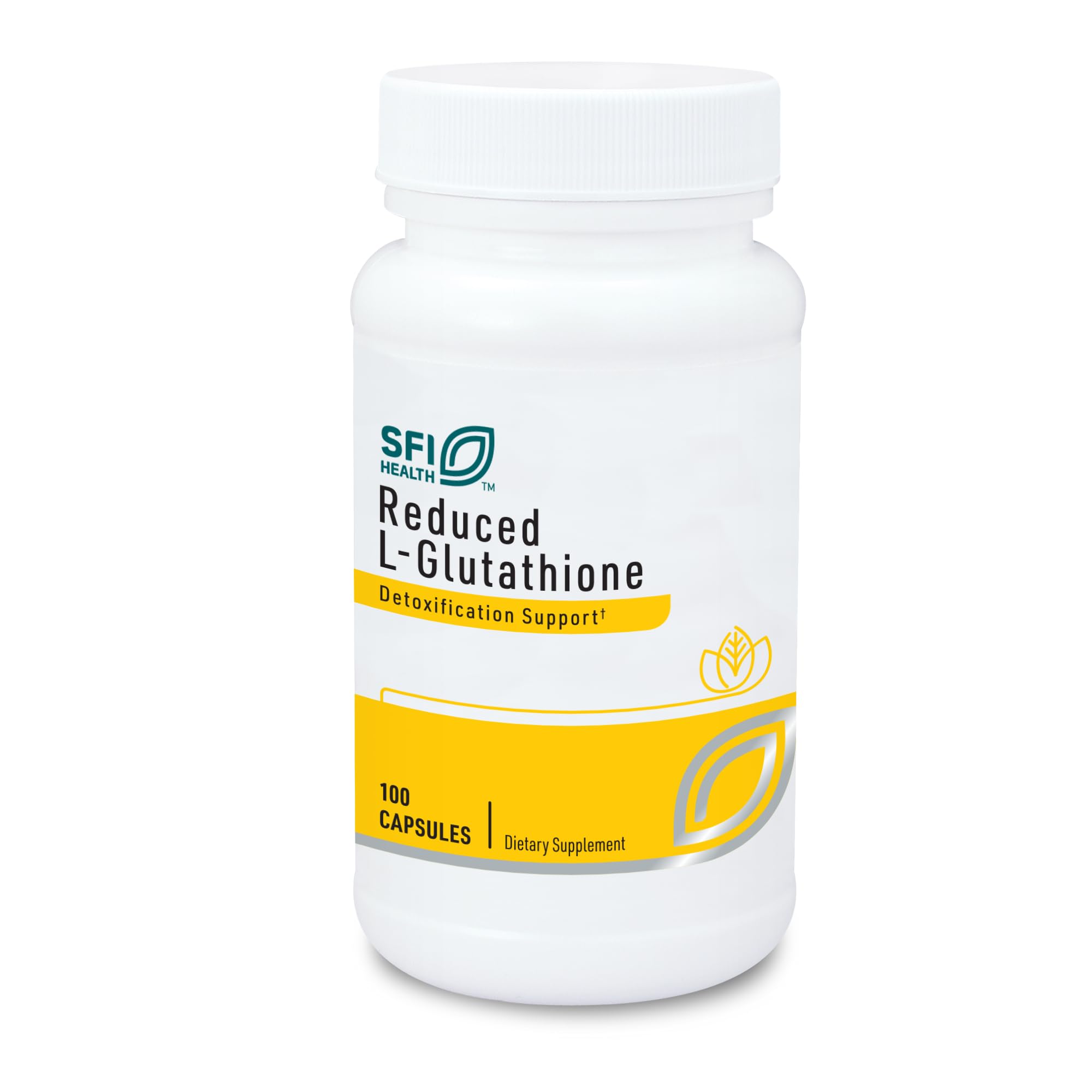 Klaire Labs reduced L-Glutathione capsules on bottle; antioxidant support and detox potential.