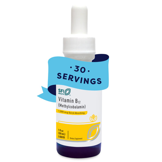 Klaire Labs SFI Health B12 liquid bottle showing easy-to-use delivery for quick absorption