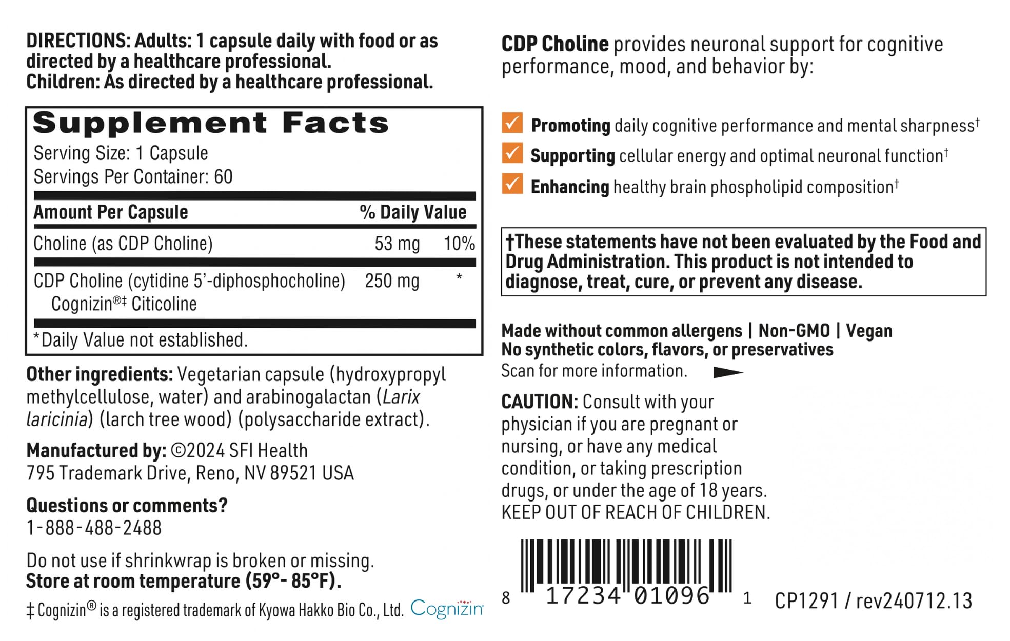 Klaire Labs SFI Health CDP Choline back panel with nutrition and directions.