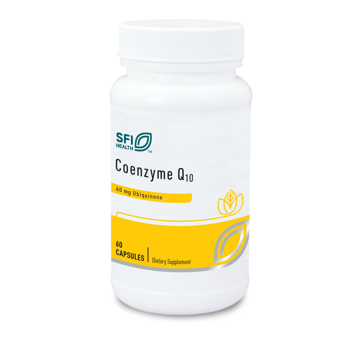 SFI Health Klaire Labs CoQ10 bottle front view, 60 mg ubiquinone potential cellular energy support