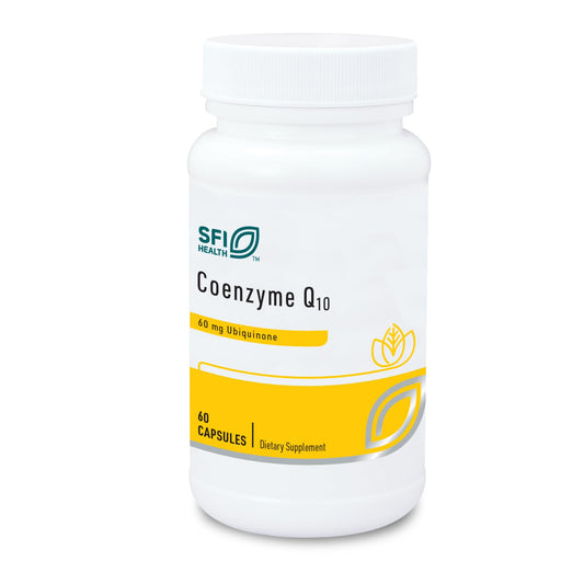SFI Health Klaire Labs CoQ10 bottle front view, 60 mg ubiquinone potential cellular energy support