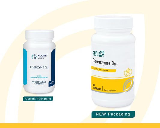 Klaire Labs CoQ10 capsules arranged for display, potential energy support