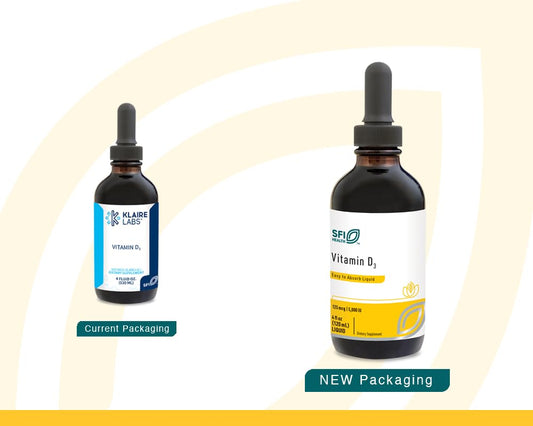 Klaire Labs SFI Health D3 dropper full showing 5,000 IU per serving for potency