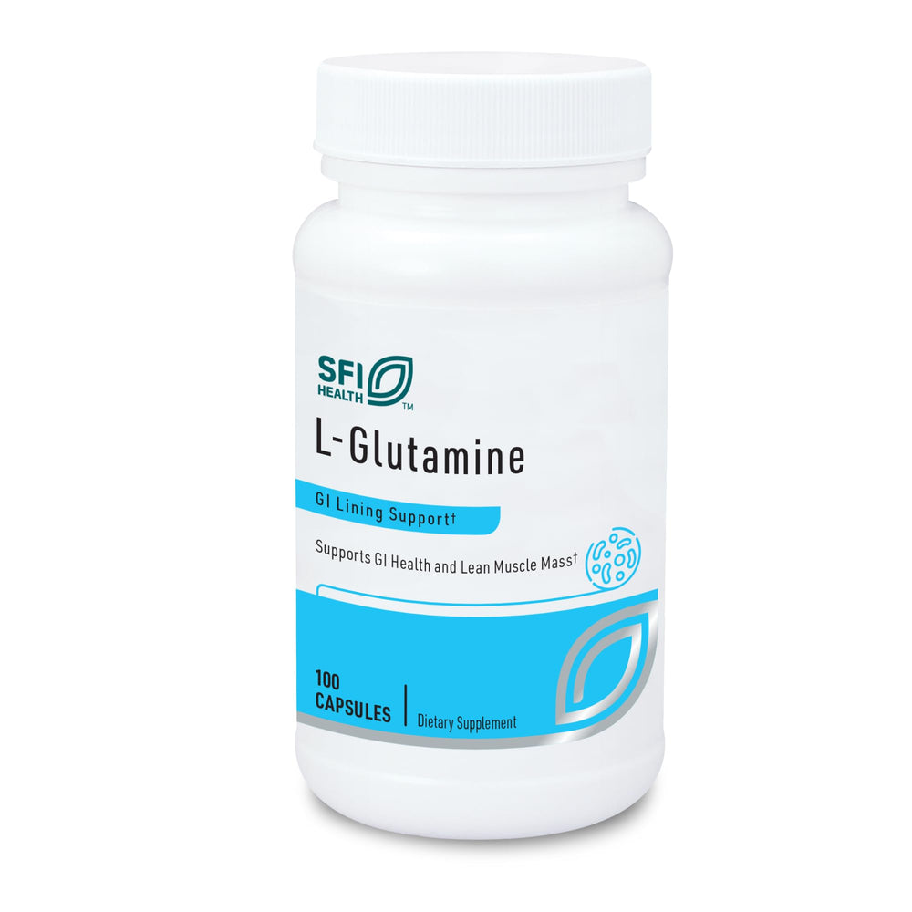 Klaire Labs SFI Health glutamine capsules bottle highlighting 500 mg for muscle and GI support.