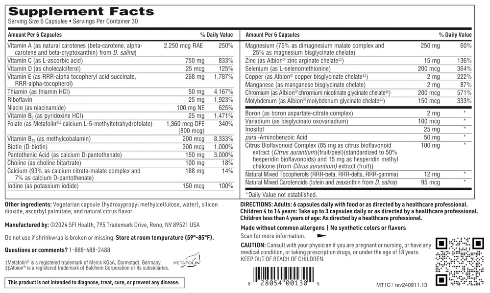 SFI Health MultiThera bottle inset showing iron-free and vitamin K-free formulation.