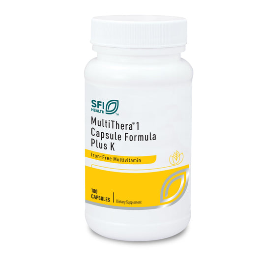Klaire Labs SFI Health MultiThera 1 Plus bottle for iron-free daily support.