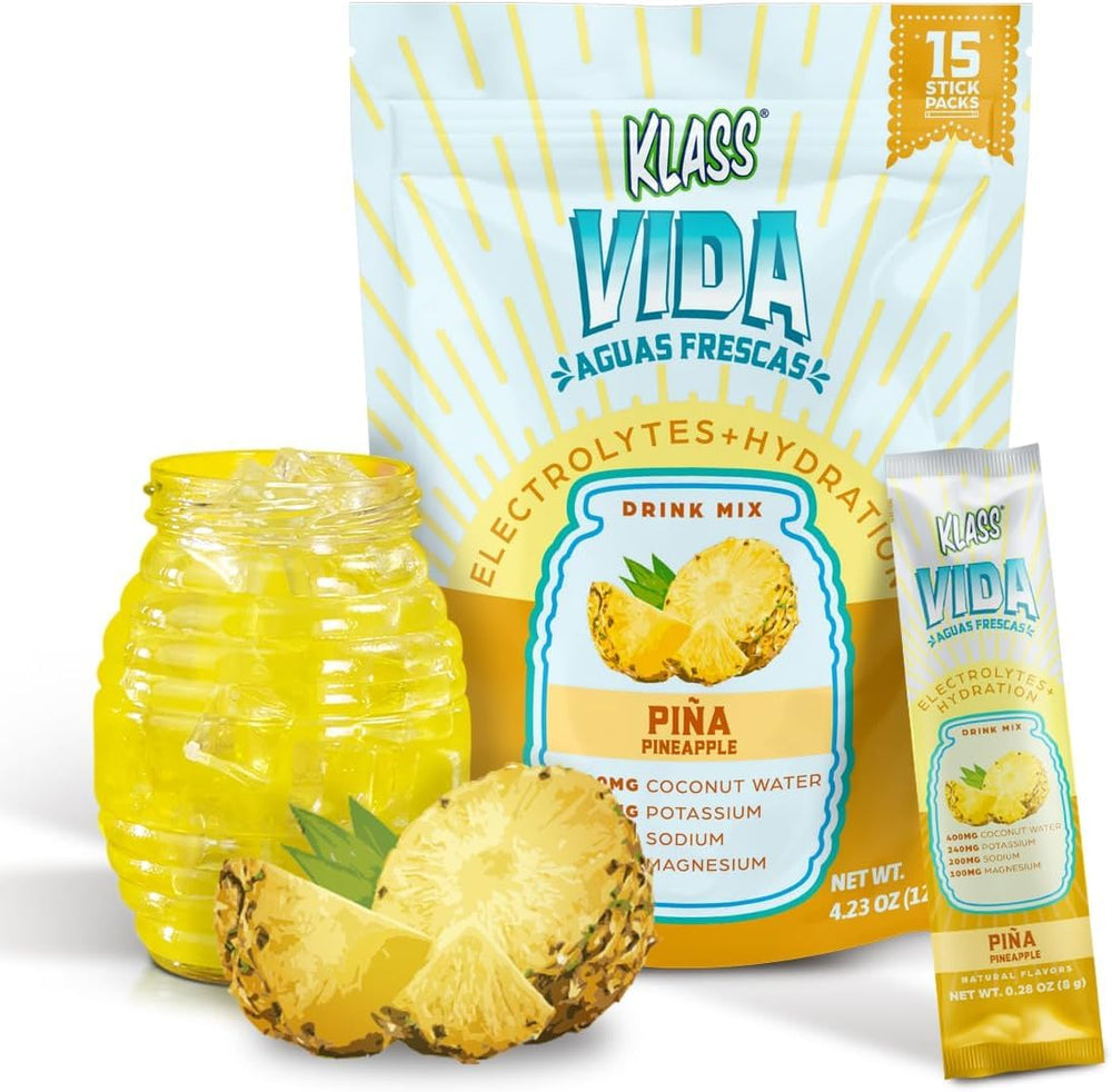KLASS VIDA pineapple electrolyte pouch front for on-the-go hydration.