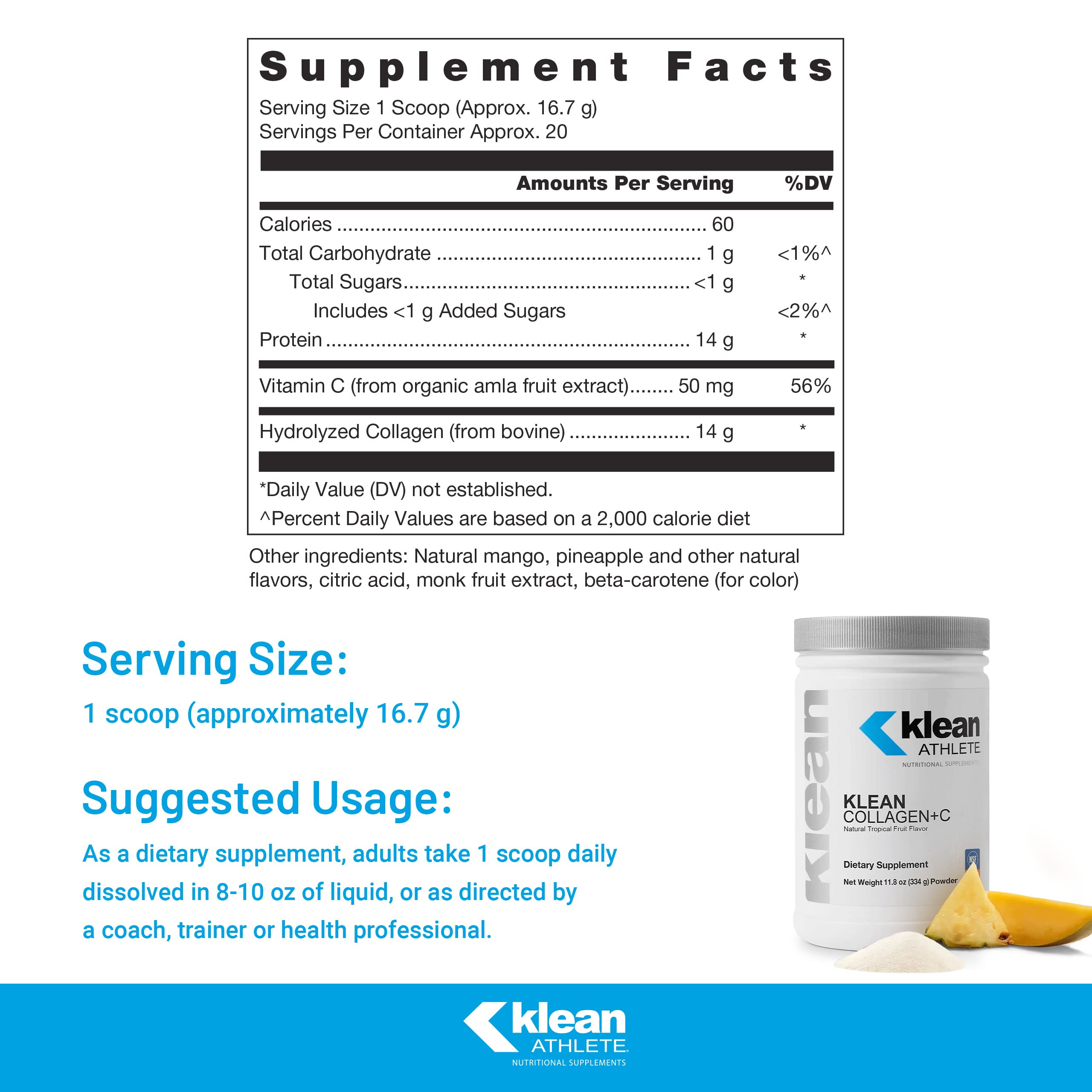 Klean Collagen+C tropical label closeup highlights clean ingredients and NSF certification