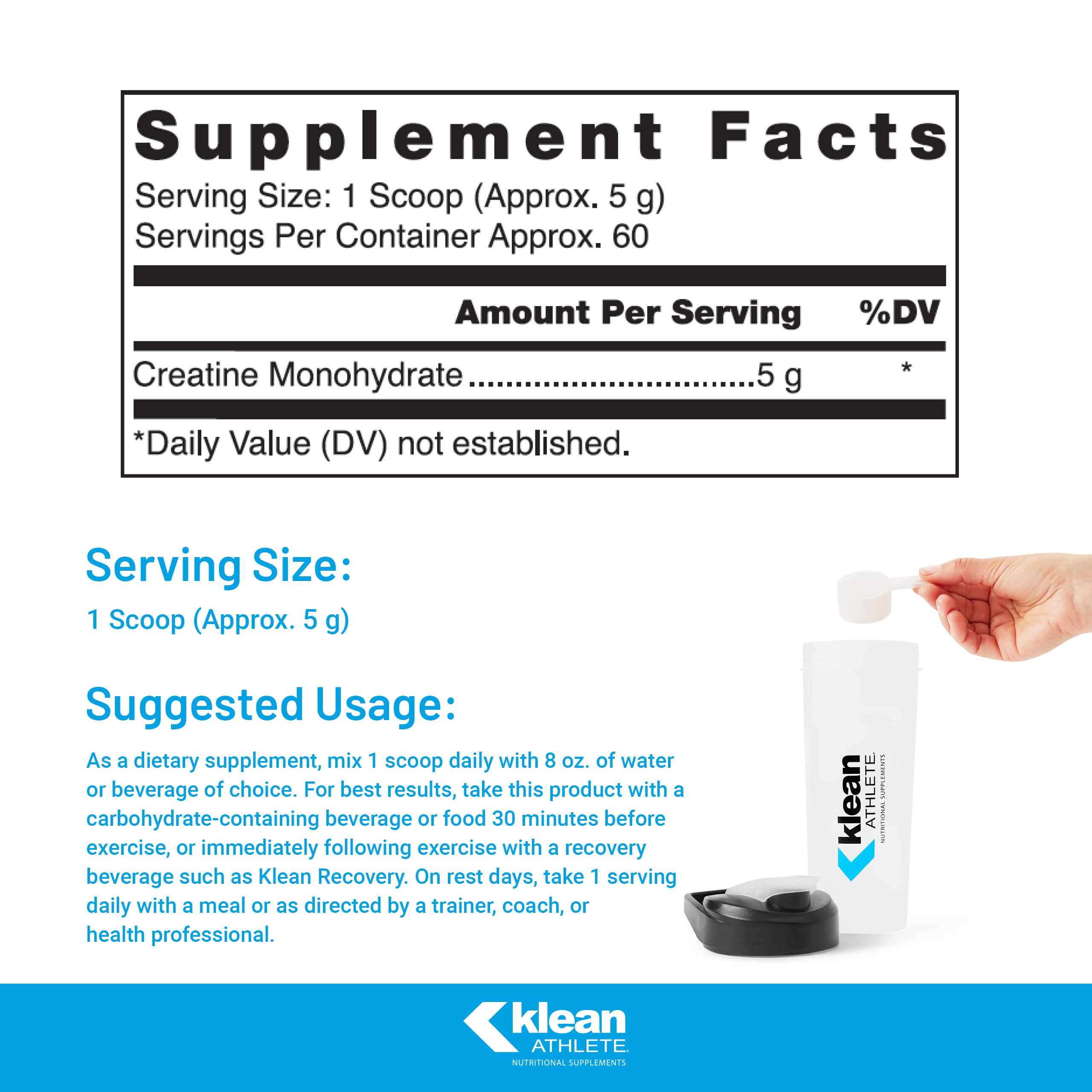 Klean Athlete Klean Creatine bottle back view with usage directions for performance support.