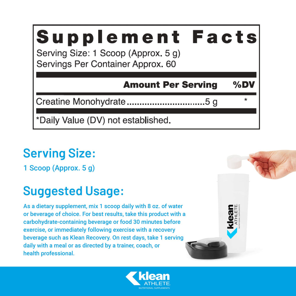 Klean Athlete Klean Creatine bottle back view with usage directions for performance support.