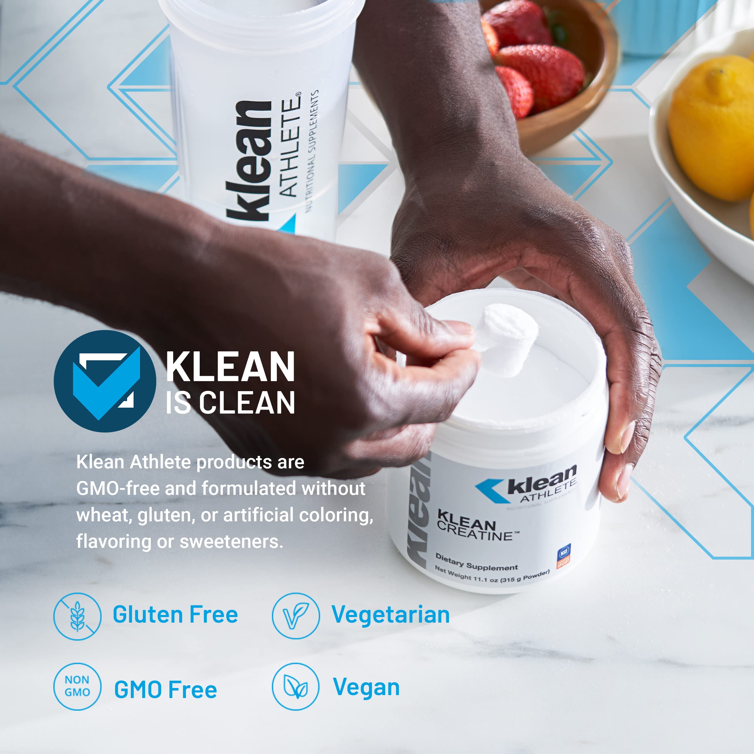 Klean Creatine jar close-up highlighting unflavored purity for clean supplementation.