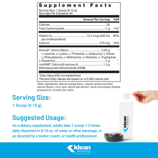 Powder being poured for post-workout shake with Klean Essential Aminos + HMB.