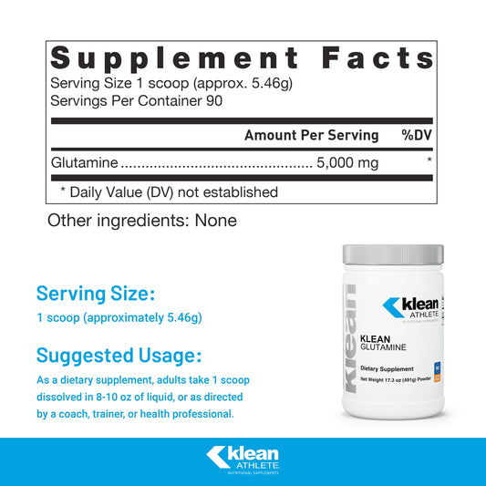 Klean Glutamine label close-up highlights non-GMO and gluten-free vegan formulation