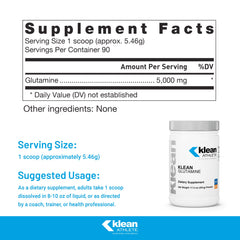 Klean Glutamine label close-up highlights non-GMO and gluten-free vegan formulation
