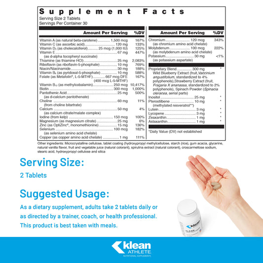 Klean Athlete Klean Multivitamin label close-up showing NSF for Sport certification