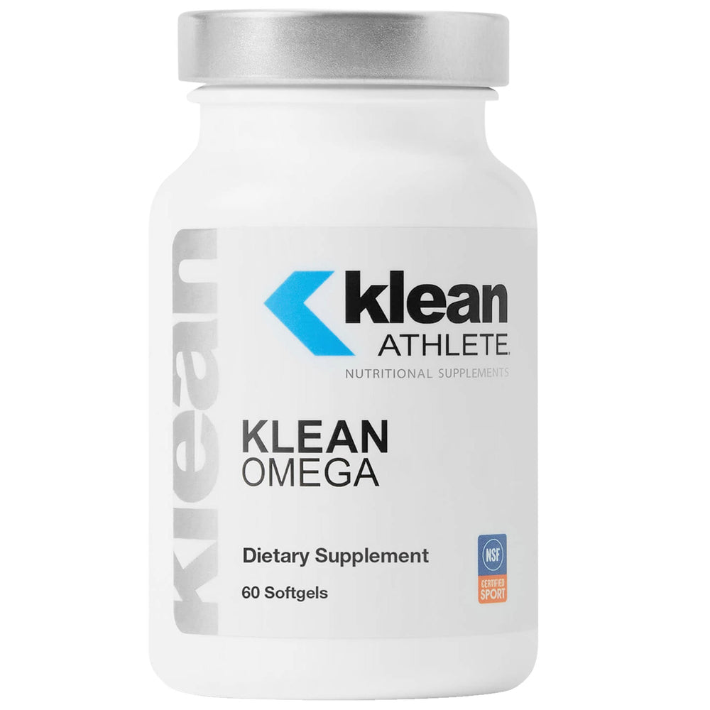 Klean Omega bottle label by Klean Athlete highlighting omega-3 purity and brand.