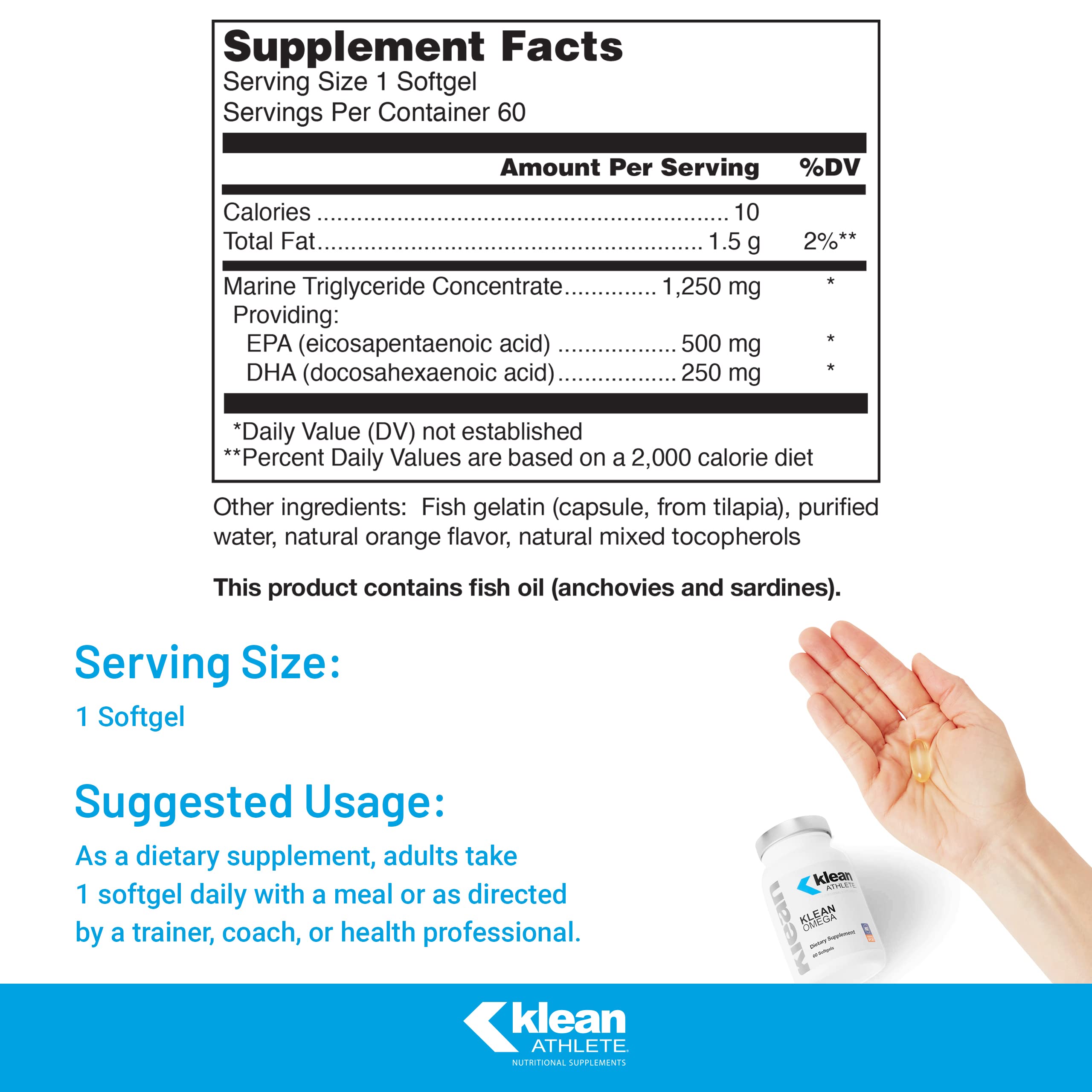 Klean Athlete Klean Omega softgels close-up emphasizing triglyceride form for absorption.