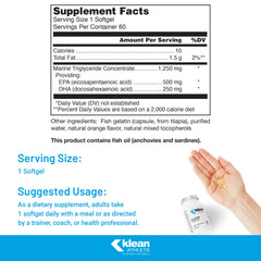 Klean Athlete Klean Omega softgels close-up emphasizing triglyceride form for absorption.