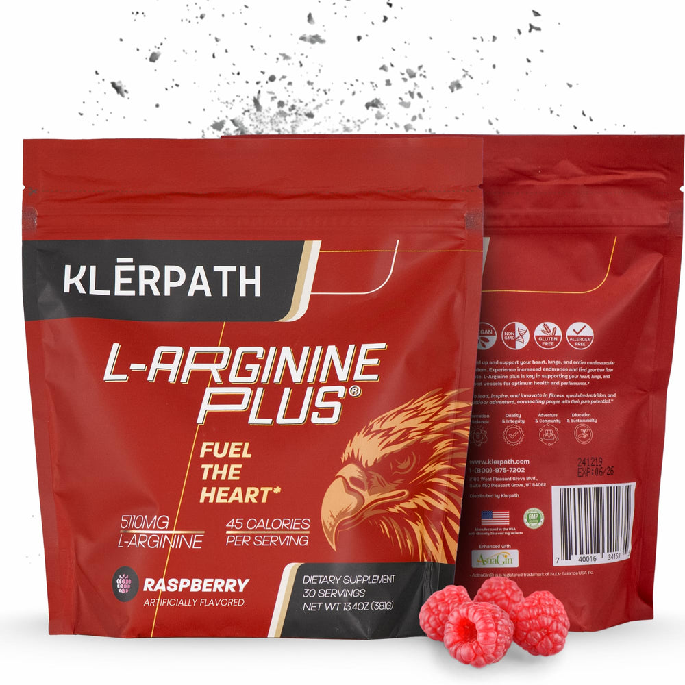 Klerpath L-Arginine Plus bottle highlights high potency for vascular support.