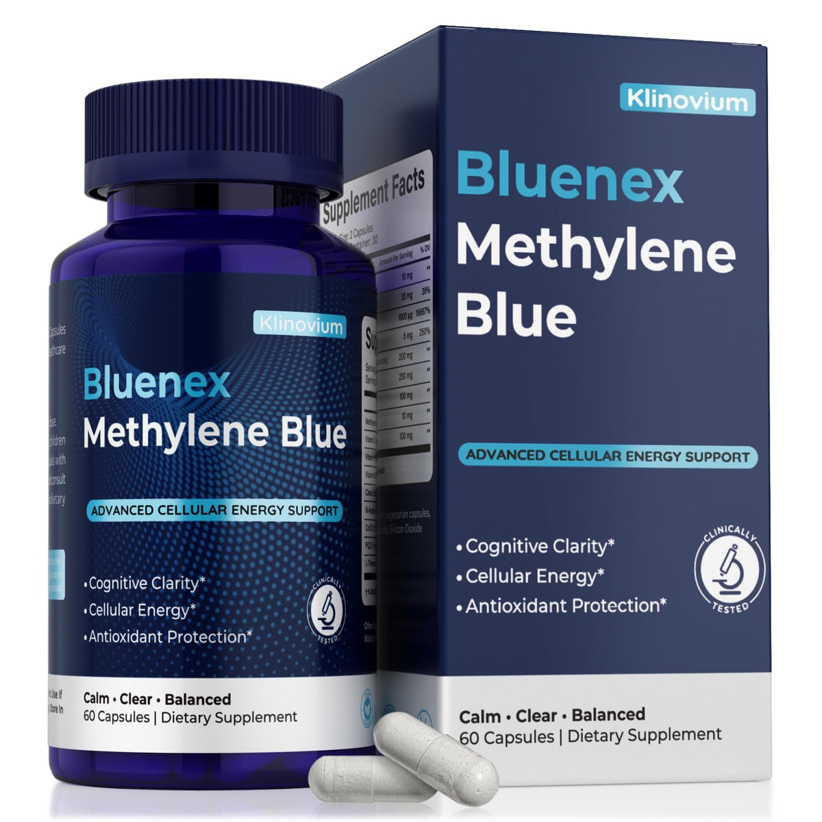 Klinovium Methylene Blue capsules bottle front highlighting brain support for focus.