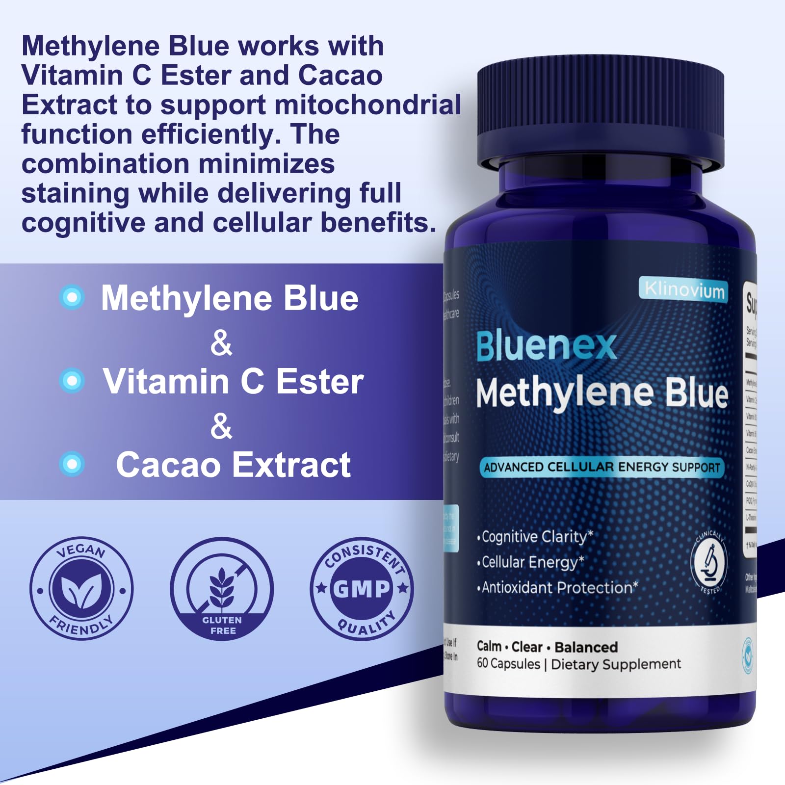 Klinovium capsules close-up showing blue capsules for mental clarity.