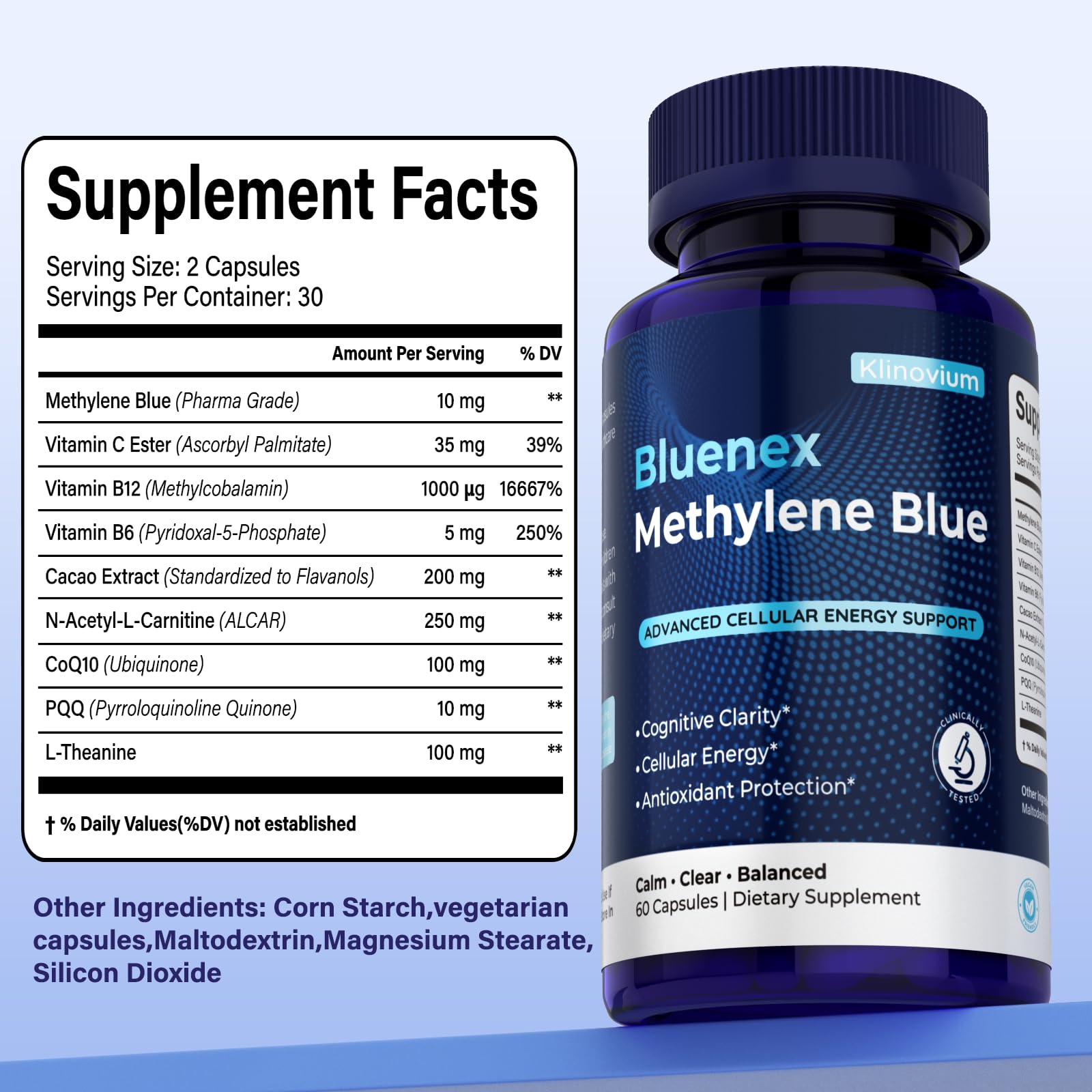 Klinovium ingredients image featuring CoQ10, PQQ, and cacao extract.