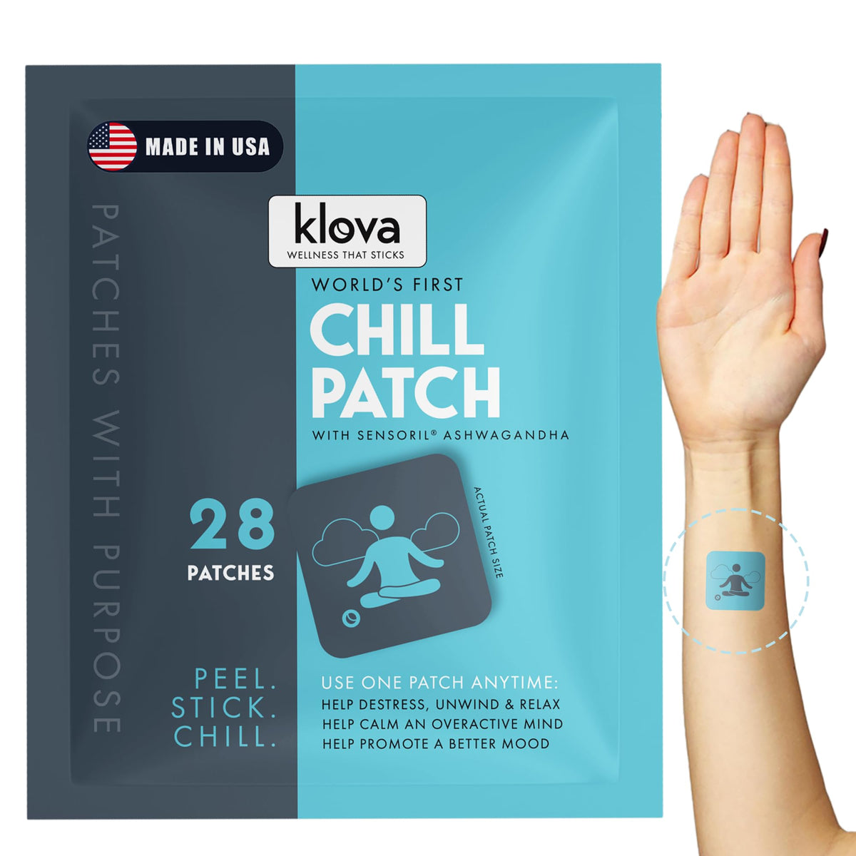 Klova Chill Patches on the wrist provide steady calm and focus.