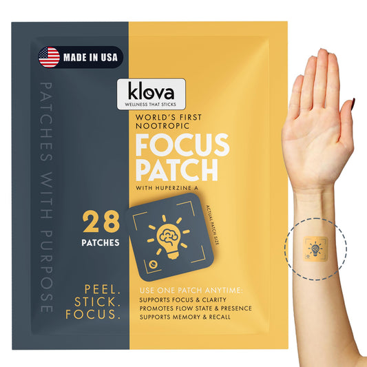 Klova Wellness Patches pack close-up, showing a 28-count box for convenient daily use.