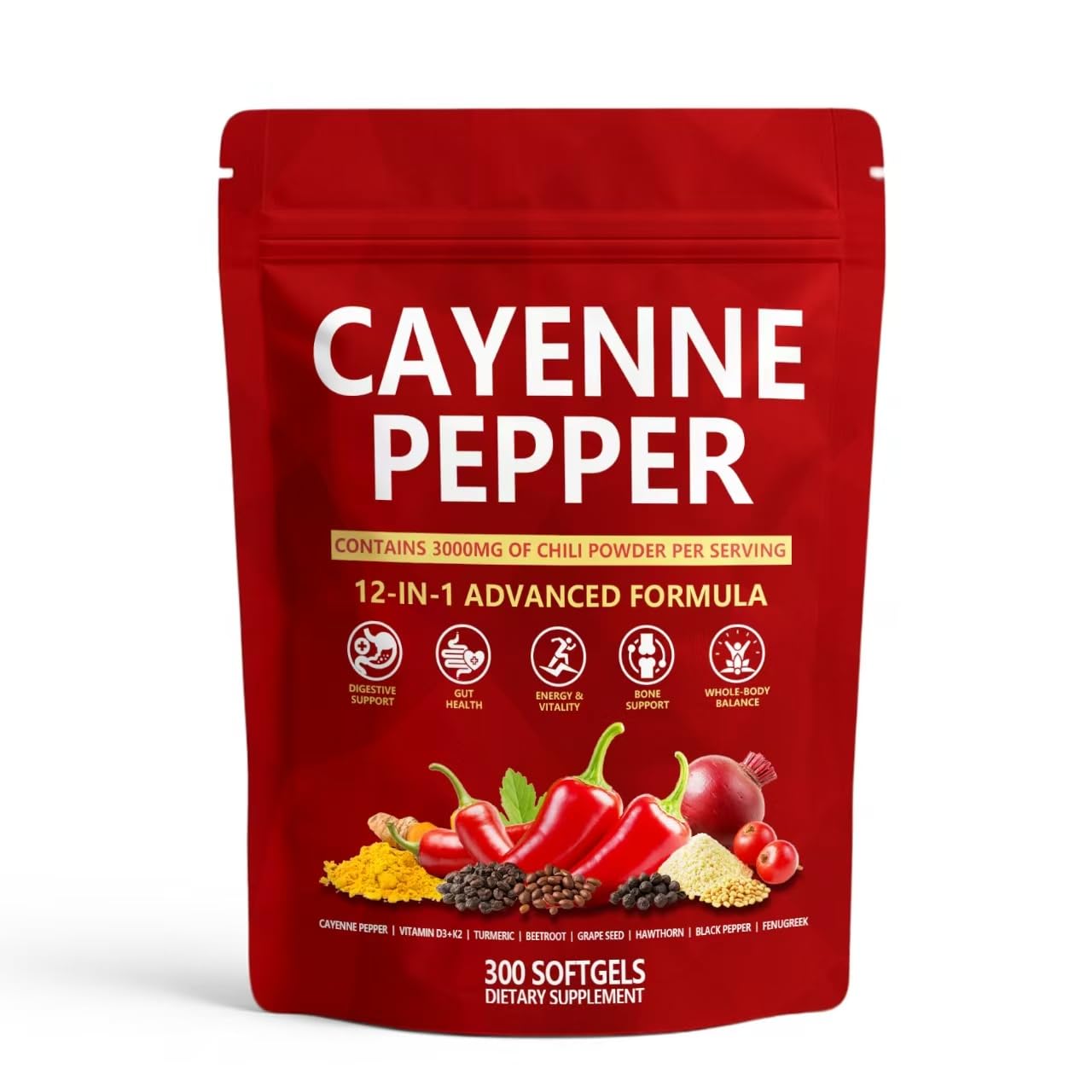 KLUNIZ Cayenne Pepper Softgels bottle, 300-caps supply for daily wellness.