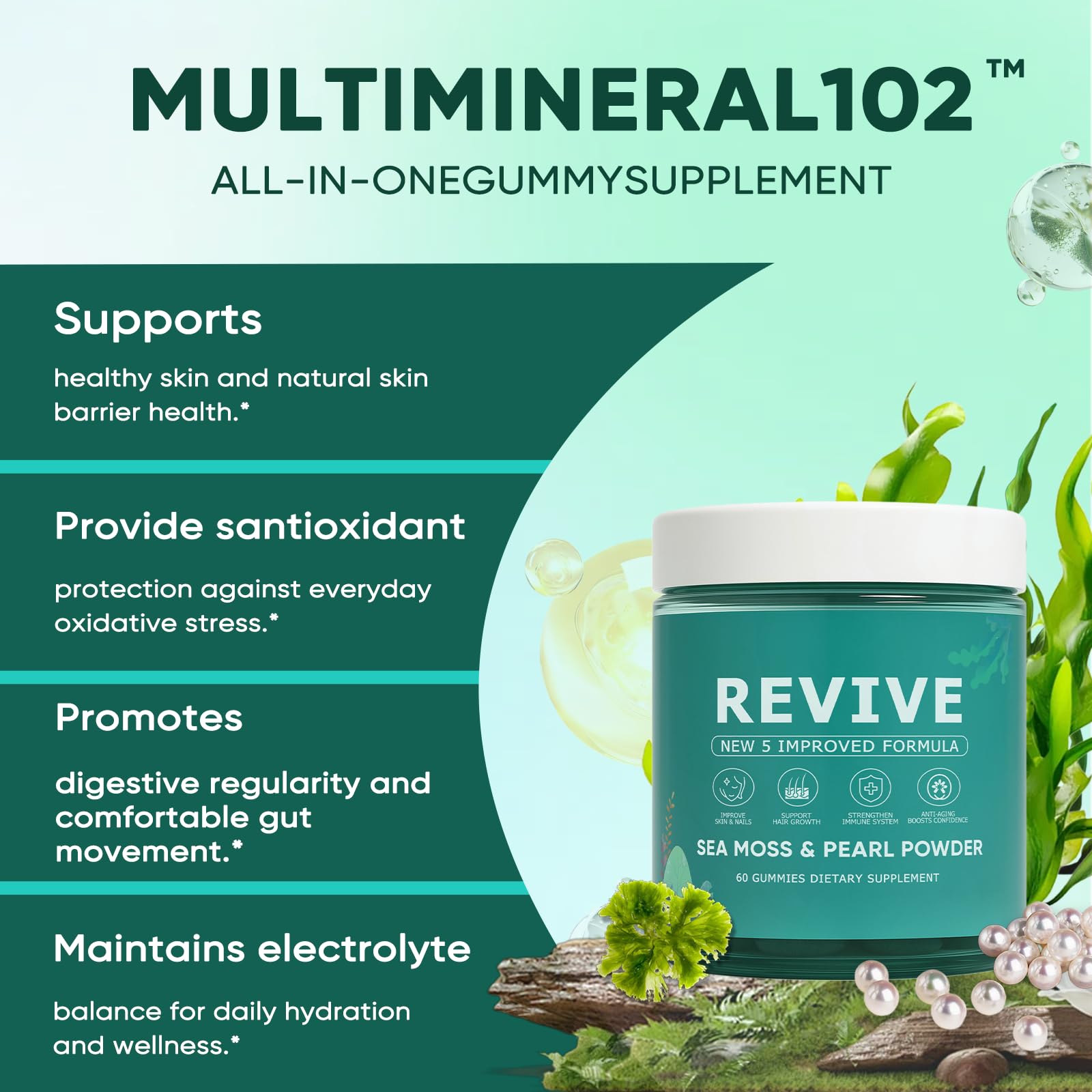 Vitamin C and E icons with KLUNIZ Revive Gums suggest antioxidant support for hair.