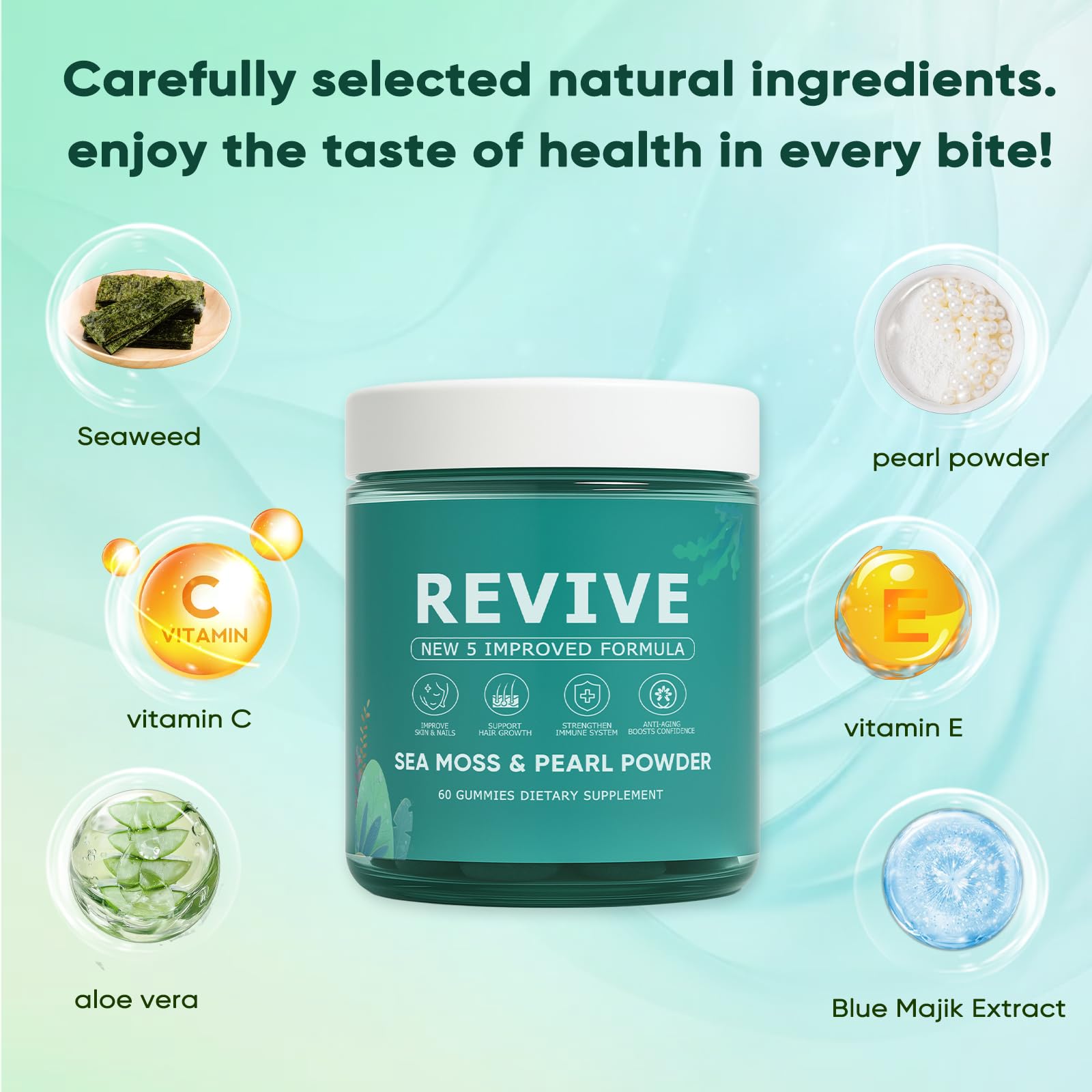 Vegan, non-GMO, gluten-free badge with KLUNIZ Revive Gummies in clean packaging.