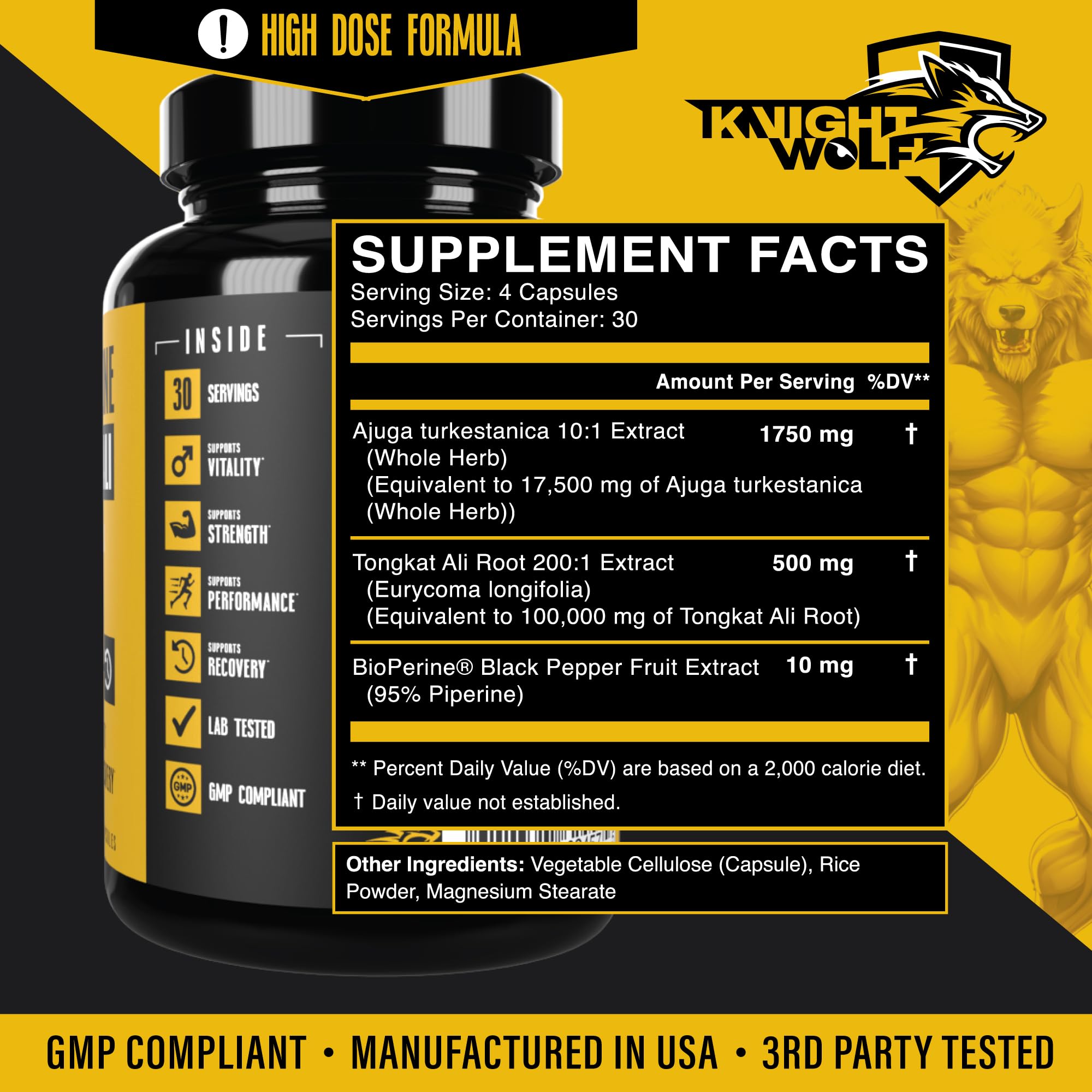 Knight Wolf Supps Turkesterone GMP facility seal indicating rigorous manufacturing standards.