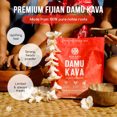 Koa Kava Damu powder close-up shows dark color and traditional grind