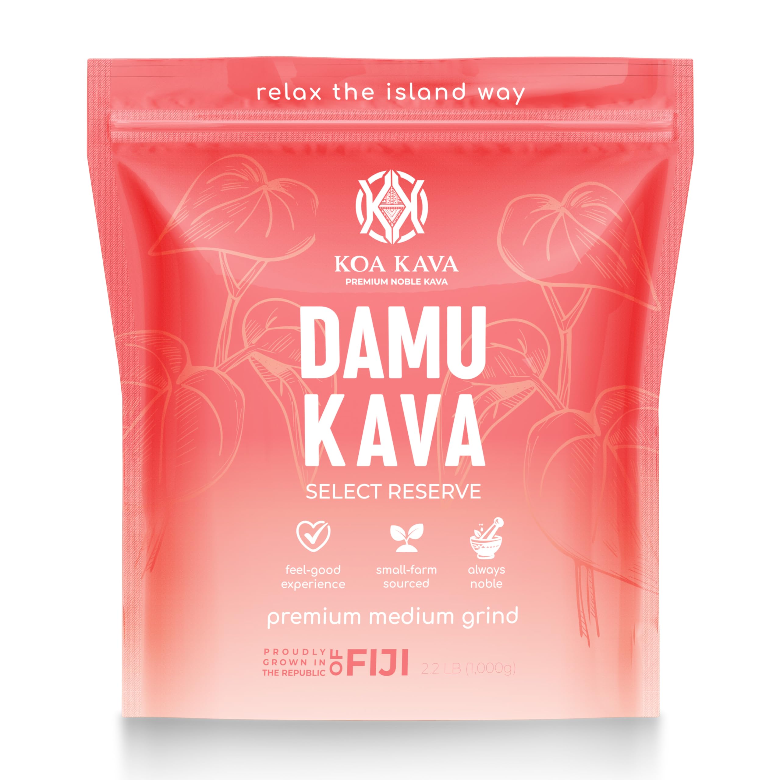 Koa Kava Damu powder packaging on a wooden table signaling premium noble kava