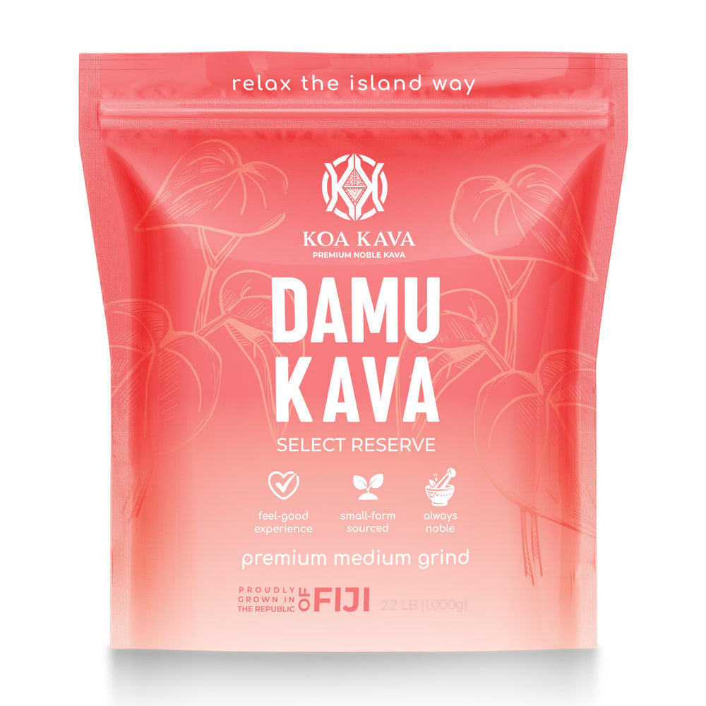 Koa Kava Damu powder packaging on a wooden table signaling premium noble kava