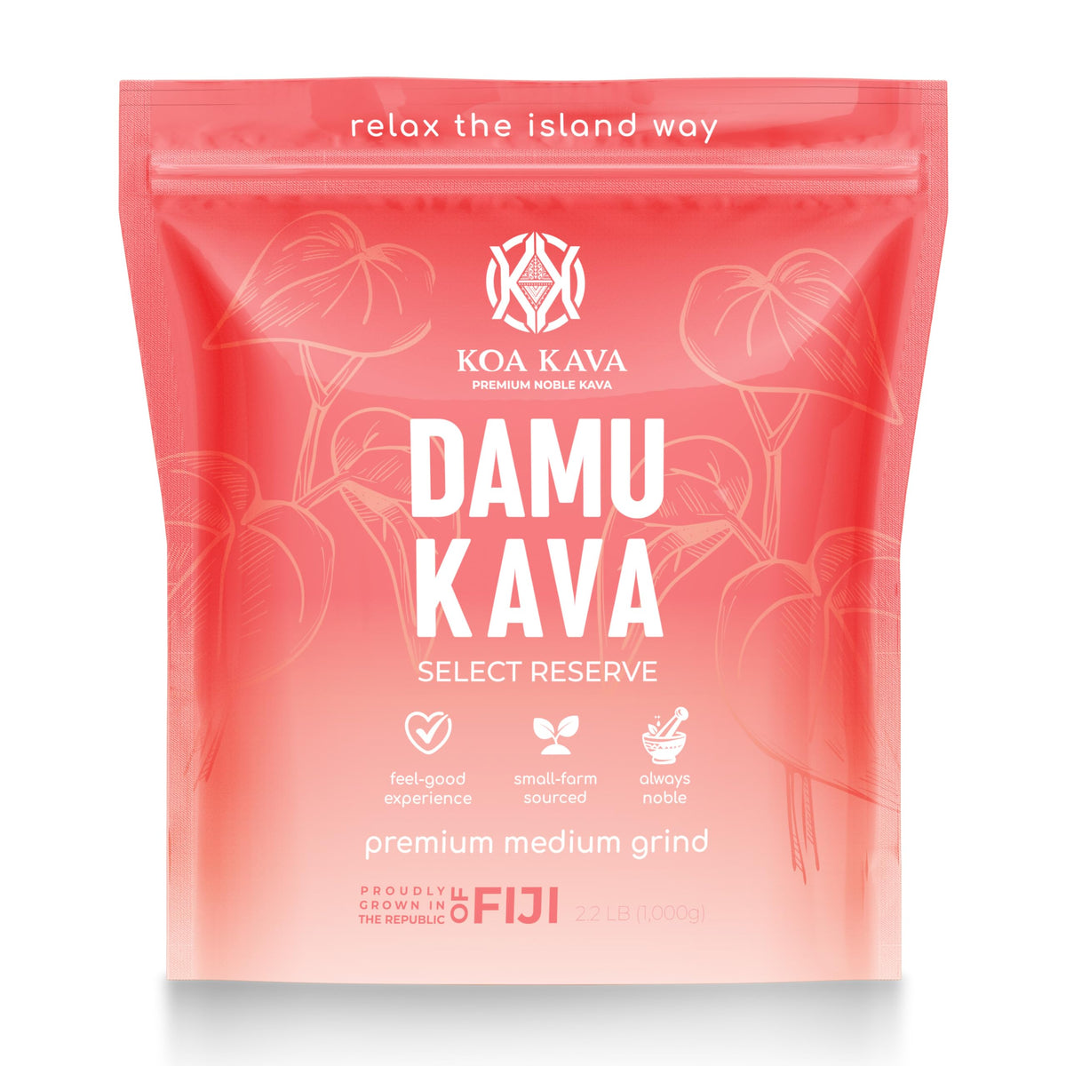 Koa Kava Damu powder packaging on a wooden table signaling premium noble kava