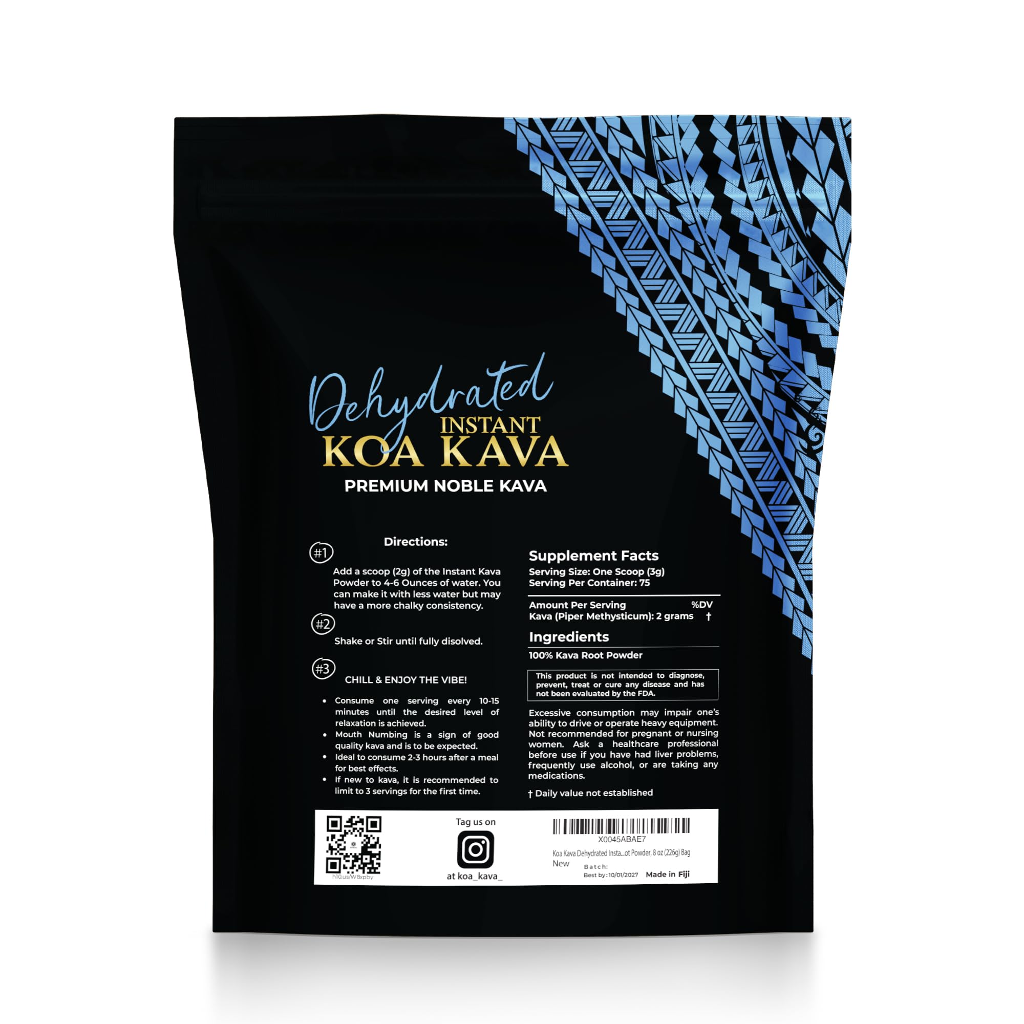 Koa Kava dehydrated instant powder packaging ready for travel.