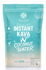 Koa Kava instant powder being poured into a glass for a quick, smooth kava