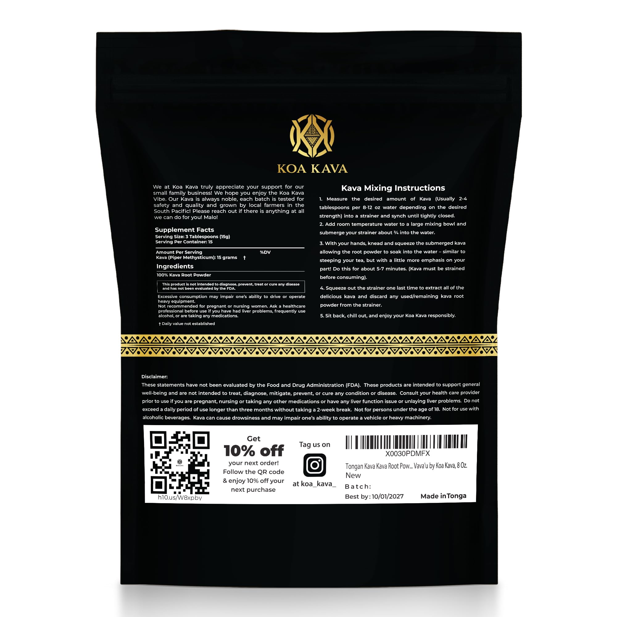 Koa Kava packaging features an 8 oz noble kava powder for home use.